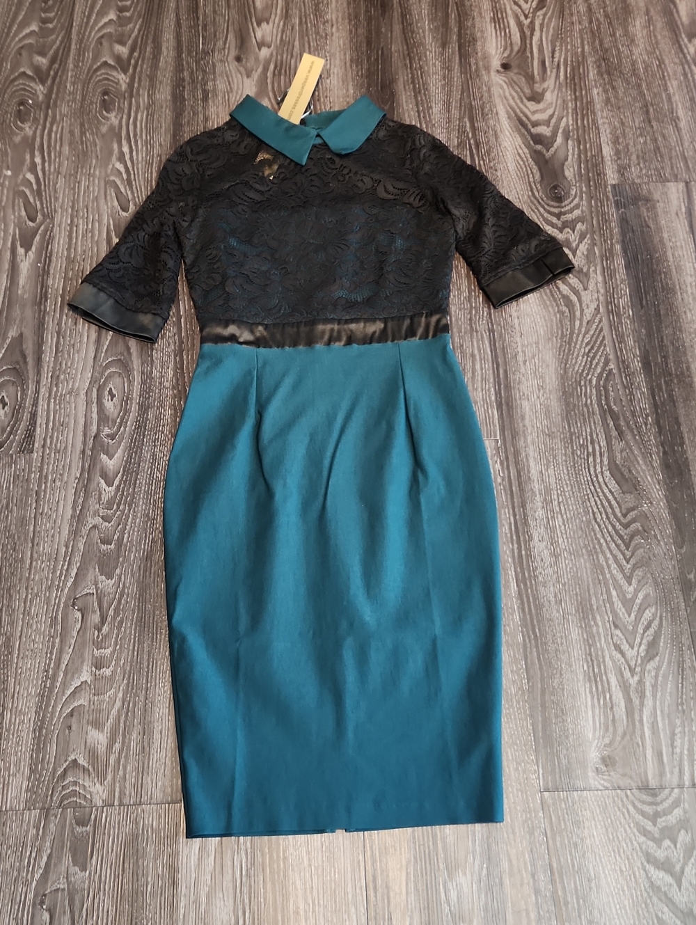 Vesper Teal Green & Black Lace Collar Sheath Pencil Dress UK 8/US 4